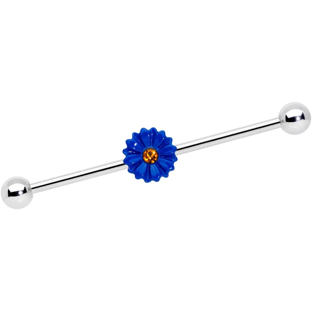 NWT 14 Gauge Yellow Gem Blue Sunflower Industrial Barbell 38MM